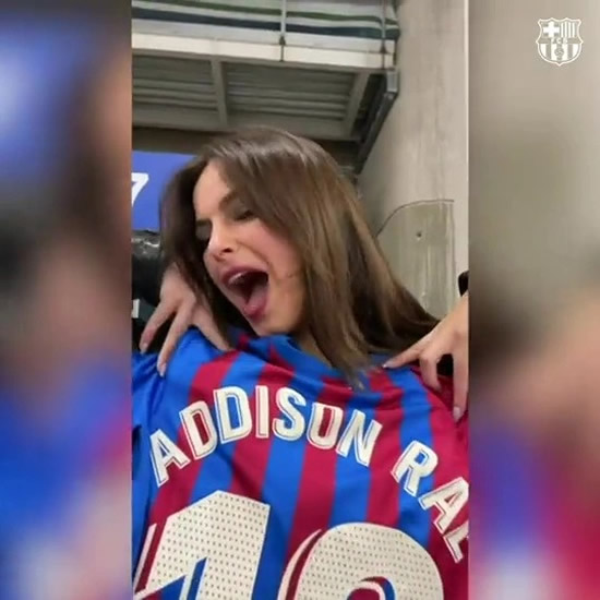 Barcelona joke Addison Rae is new ‘good luck charm’ as TikTok star poses in shirt and leather trousers before El Clasico