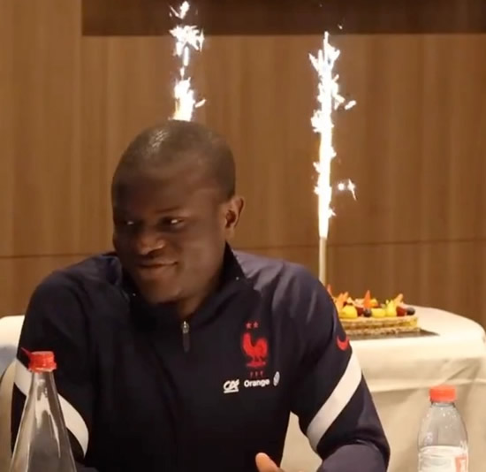 KANT BELIEVE IT Watch Kante’s shy reaction after France squad wheel out cake with sparklers and sing happy birthday to Chelsea star