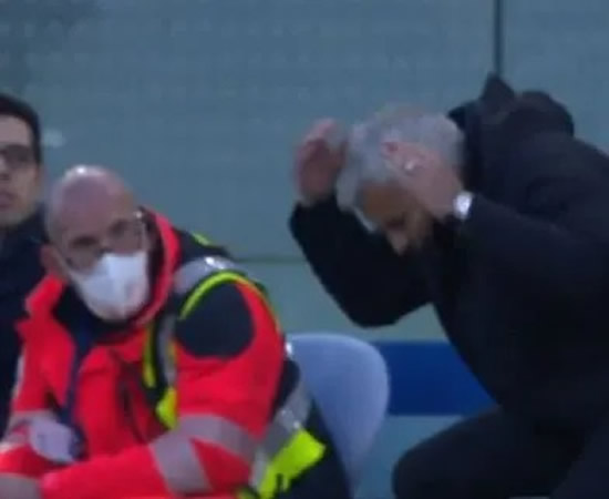 Painful moment Jose Mourinho smashes head off dugout roof in Roma's win over Sampdoria