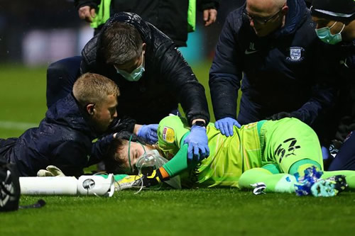 Blackpool goalkeeper given oxygen and rushed to hospital after horrific injury