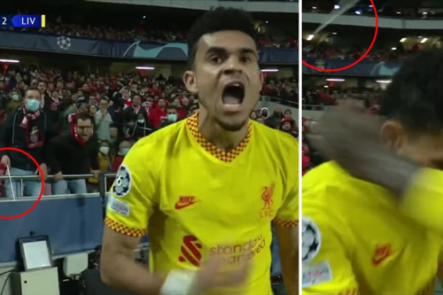 Benfica fan launches metal pole at Luis Diaz as Liverpool’s ex-Porto star celebrated his Champions League goal