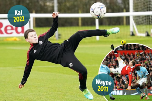 Kai Rooney replicates dad Wayne’s famous 2011 bicycle-kick wonder goal