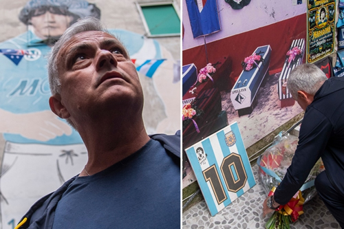 Roma boss Jose Mourinho visits Diego Maradona mural and lays flowers in touching tribute before game against Napoli
