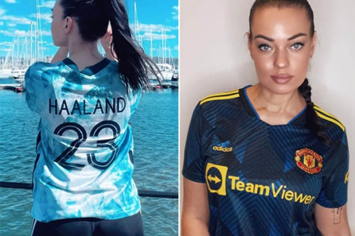 ‘Please wear red’ – Man Utd fan and model sends plea to Erling Haaland to make transfer as she poses in his shirt