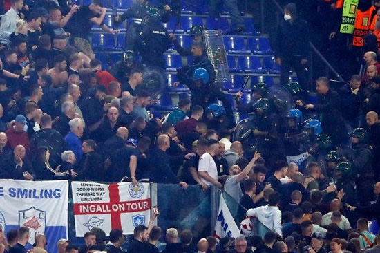 FOX HUNT Leicester fans clash with stewards in ugly scenes during loss to Roma in Europa Conference League clash