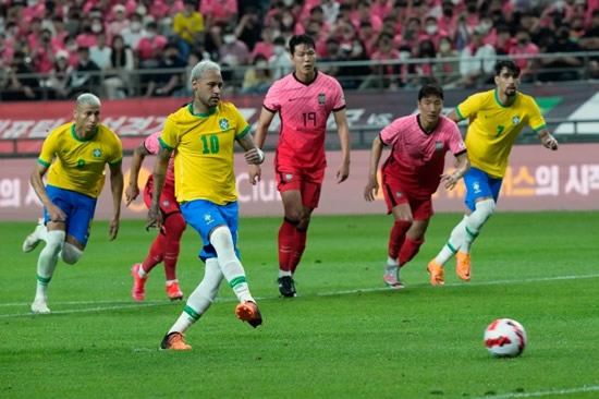 JERSEY BOYS Neymar and Son swap shirts as Brazil star nets twice in South Korea thrashing to edge closer to Pele’s goals record