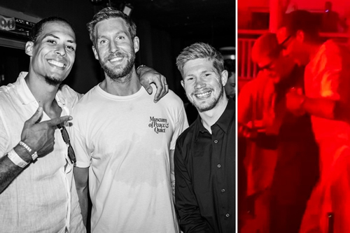 Virgil van Dijk and Kevin de Bruyne forget title rivalry as pair party at Ibiza club before posing with Calvin Harris