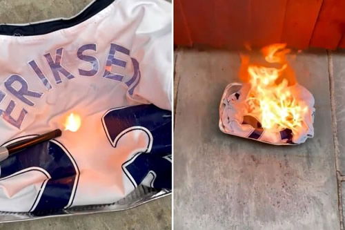 Tottenham fan burns Christian Eriksen shirt after he agrees Man Utd transfer but is ridiculed by fellow Spurs supporters