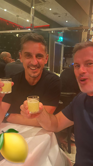 SKY HIGH Gary Neville and Jamie Carragher neck shots as Sky Sports have huge pre-season party ahead of Premier League kick-off