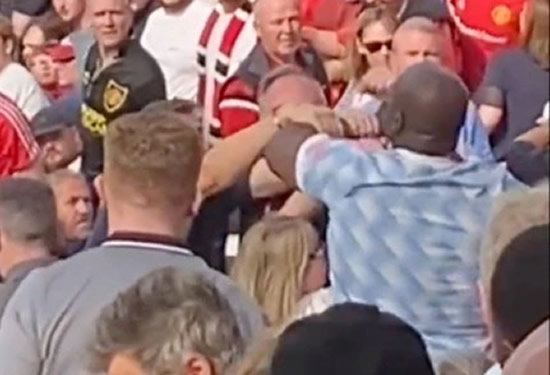 Man Utd fans FIGHT each other in stands at tense Old Trafford during horror defeat to Brighton