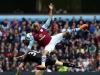 Fabian Delph of Aston Villa barges in to Burnley’s Ashley Barnes during the visitors’ 1-0 win at Villa Park. An early goal from Danny Ings was enough to give relegated Burnley victory, their third away win of the season and Villa’s eighth home defeat of the campaign.